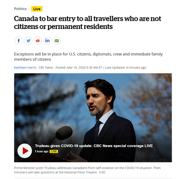 【突发】加拿大总理宣布关闭国境！仅公民和PR可以入境