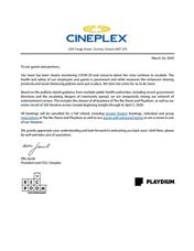 抑制新冠病毒传播​ Cineplex关闭全国165家影院