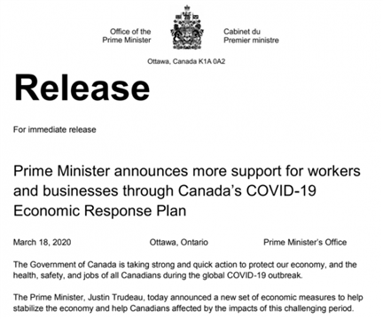 加拿大应对COVID-19经济计划 支持工人和企业