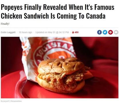 火遍美国的Popeyes香辣炸鸡堡下个月来加拿大