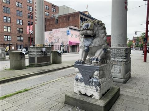 温哥华华埠标志性建筑石狮惨遭歧视涂鸦