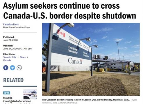 加美边境关闭后5月非法入境者增加3倍