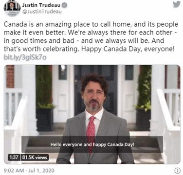杜鲁多祝加拿大生日快乐！表情亮了
