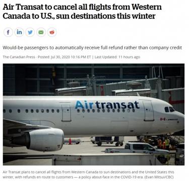 越洋航空公司取消今冬度假航班全额退款