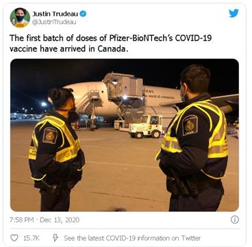 第一批辉瑞新冠疫苗抵达加拿大 周一开始接种