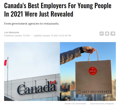 加拿大年轻人2021最佳雇主百强榜单揭晓！