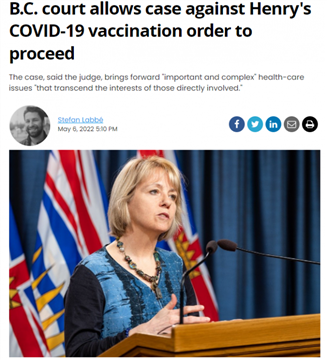 因疫苗强制令 加拿大BC首席卫生官被告上法庭
