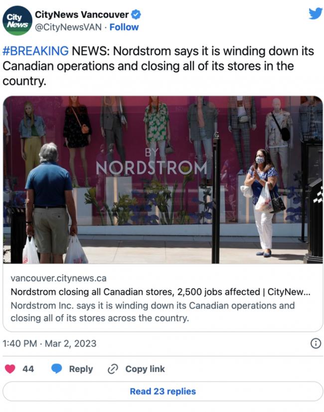 突发！Nordstrom加拿大全面关店！清仓此时开始