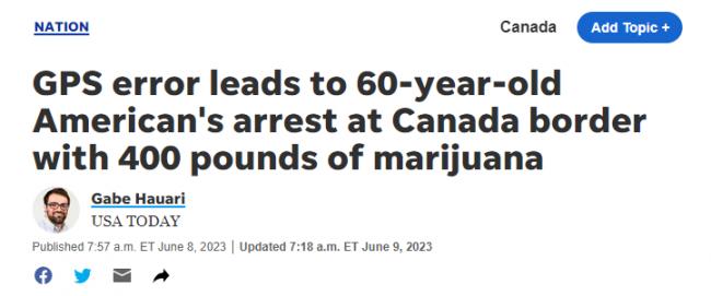 GPS出错误入加拿大 男子携大量大麻现金被捕
